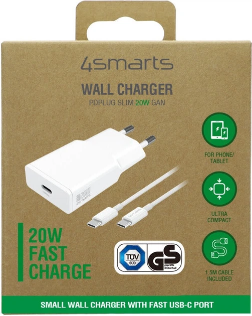 Зарядний пристрій 4smarts Wall Charger PDPlug Slim 20W GaN 1C and USB-C Cable 1.5m White (4252011909032) - зображення 4