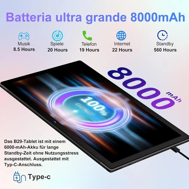 Планшет 10.1" Biegedy B29 6+16/128Gb / 8 ядер / Android 14 / 8000 mAh / Черно-голубой (101978220) - Уценка - изображение 3