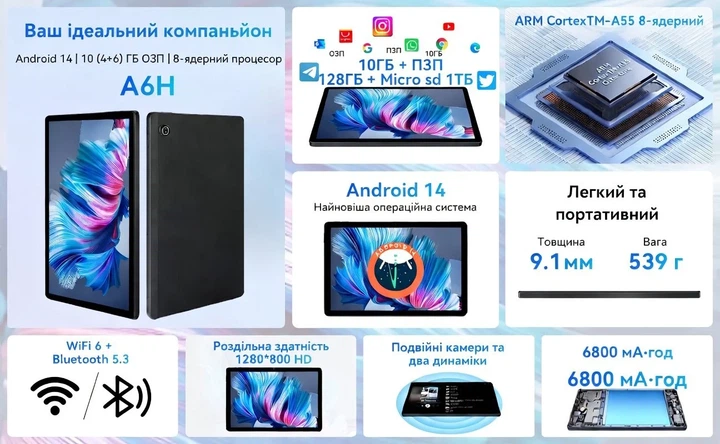 Планшет 11" Hakaug A6H 4+6/128Gb Android 14 6800 мАч Черный Б/В - Фото 2 Планшет 11" Hakaug A6H 4+6/128Gb Android 14 6800 мАч Черный Б/В - изображение 2