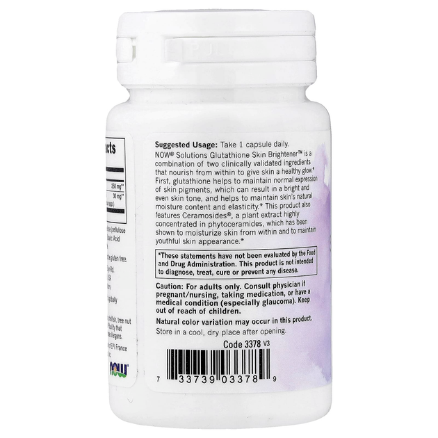 Добавка для осветления кожи NOW Foods, Solutions "Glutathione Skin Brightener" с глутатионом (30 вегетарианских капсул) - изображение 3