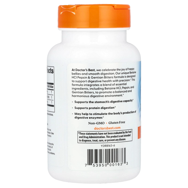 Бетаїну гідрохлорид Doctor's Best "Betaine HCL Pepsin & Gentian Bitters" з пепсином та генціаною (120 капсул) - зображення 3