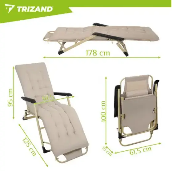 Складной садовый шезлонг TRIZAND 27553 с подушкой – стальной каркас, ткань Oxford 600D, для пляжа, дачи и отдыха - изображение 3