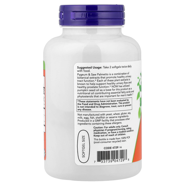 Экстракт пальмы сереноа и африканской сливы NOW Foods "Pygeum & Saw Palmetto" для мужского здоровья, 210 мг (120 гелевых капсул) - изображение 3
