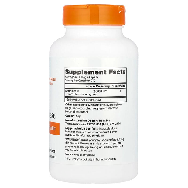 Наттокиназа Doctor's s Best "Nattokinase" здоров'я серцево-судинної системи, 2000 FU (270 вегетаріанських капсул) - зображення 2