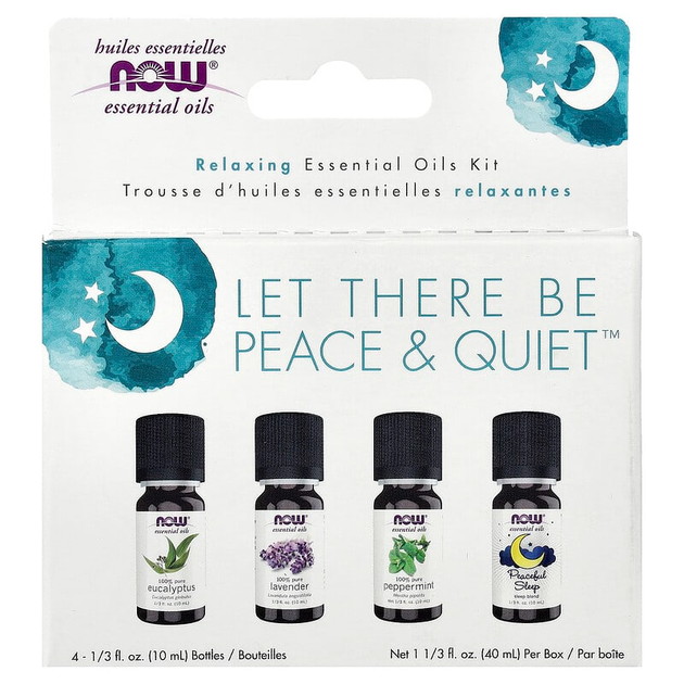 Набор расслабляющих эфирных масел NOW Foods, Solutions "Let There Be Peace & Quiet" лаванда, эвкалипт, перечная мята и смесь для сна (4 флакона по 10 мл) - изображение 2
