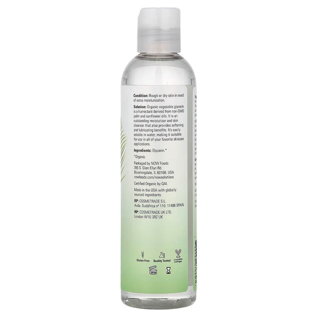 Растительный глицерин NOW Foods, Solutions "Organic Vegetable Glycerine" увлажнение и смягчение кожи (237 мл) - изображение 2