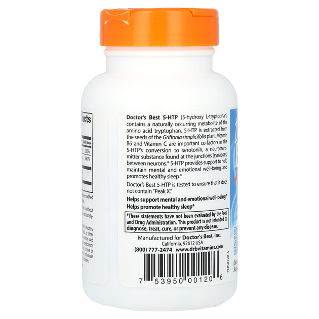 5-гидрокситриптофан Doctor's Best "5-HTP Enhanced with Vitamins B6 and C" аминокислота обогащенная витаминами Б6 и С, 100 мг / 15 мг / 200 мг (120 вегетарианских капсул) - изображение 3