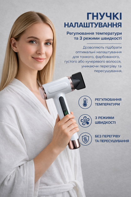 Фен беспроводной аккумуляторный для волос 200W с Type-C, горячим и холодным воздухом, белый - изображение 2