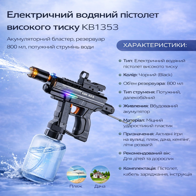 Электрический водяной пистолет высокого давления КВ1353 — аккумуляторный бластер, резервуар 800 мл, мощная струя воды - Фото 1 Электрический водяной пистолет высокого давления КВ1353 — аккумуляторный бластер, резервуар 800 мл, мощная струя воды - изображение 1
