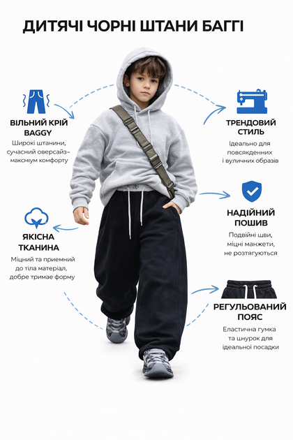 Штани спортивні дитячі KDBB баггі широкі трикотажні для хлопчика streetwear,Чорний,130 - зображення 3