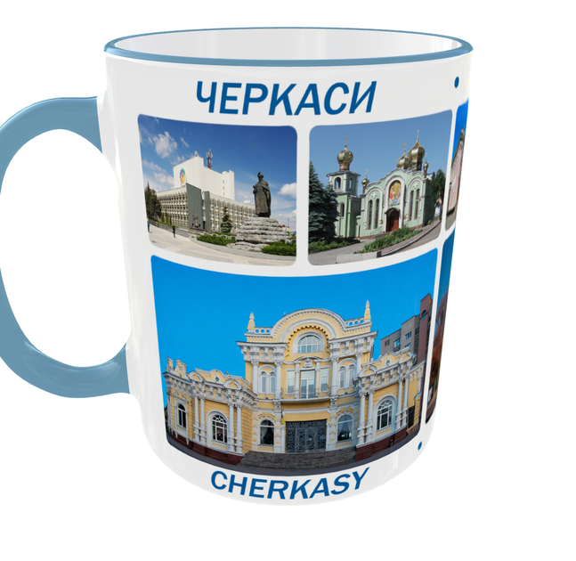 Сувенірна керамічна чашка з гербом та видами міста Черкаси 330 мл | Серія «Міста України» (блакитна ручка) - Фото 4 Сувенірна керамічна чашка з гербом та видами міста Черкаси 330 мл | Серія «Міста України» (блакитна ручка) - зображення 4