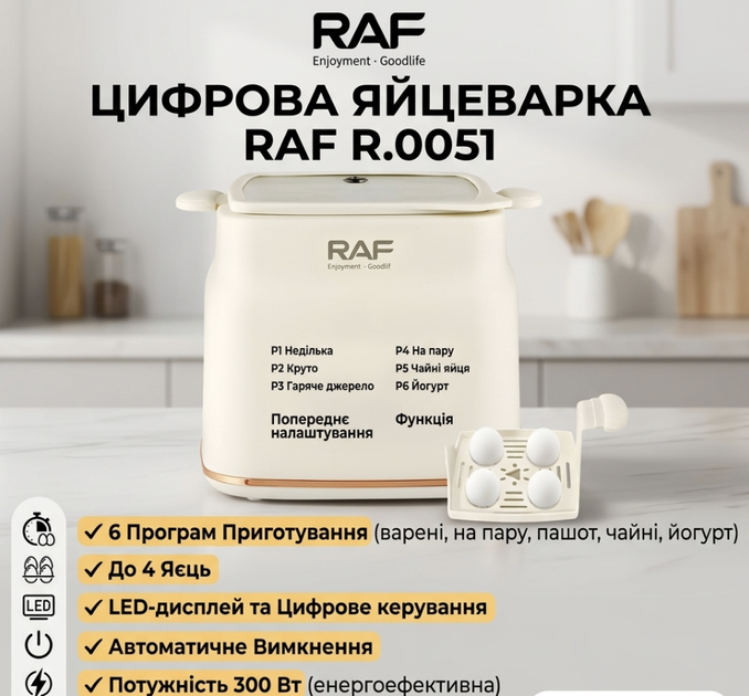 Електична яйцеварка з 6 режимами приготування та цифровим керуванням RAF R.0051 300W - зображення 9