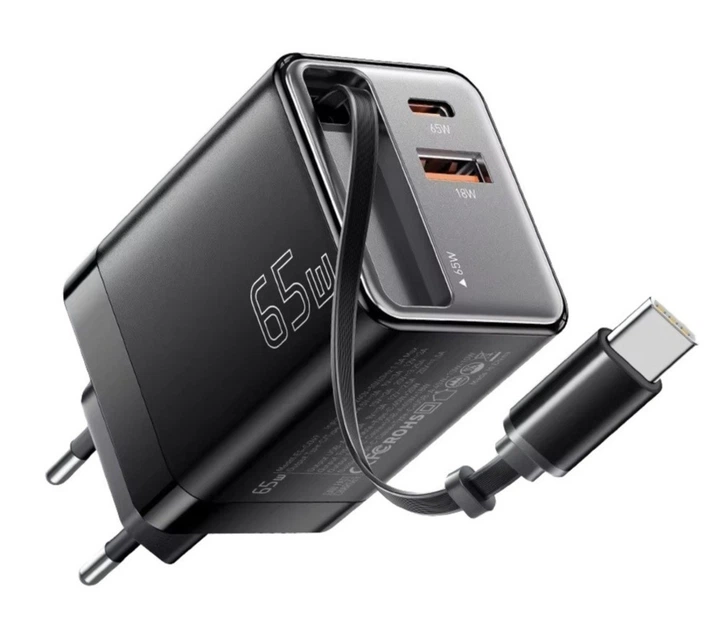 Сетевое зарядное устройство Essager ES-CD49 2C1U 65W с выдвижным кабелем Type-C - Фото 1 Сетевое зарядное устройство Essager ES-CD49 2C1U 65W с выдвижным кабелем Type-C - изображение 1