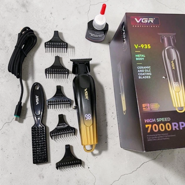 Аккумуляторный триммер VGR V-935 Gold Портативный триммер машинка для стрижки в золотистом корпусе с LED дисплеем 5 насадок - изображение 4