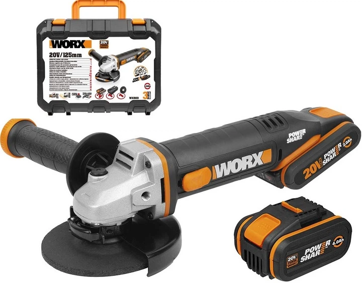Szlifierka kątowa akumulatorowa Worx Li-Ion 20V 2.0/4.0 Ah 125 mm WX803 (6924328321606) - obraz 3