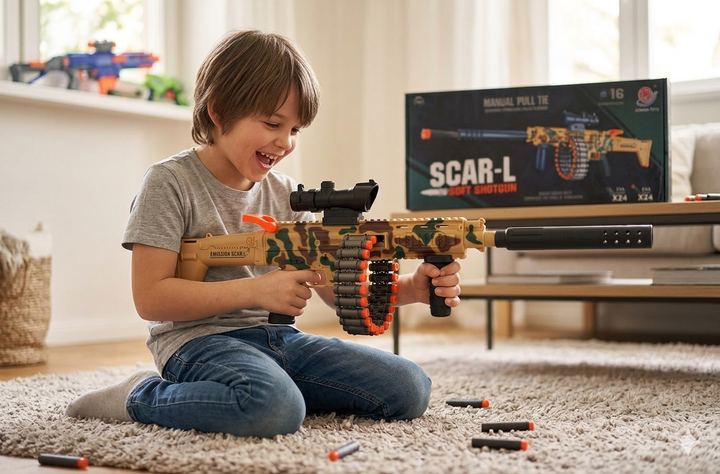 Автомат з м’якими кулями Scar-L JH 010 оптичний приціл, глушник, м’які кулі з присоскою, кулеметна стрічка - зображення 2