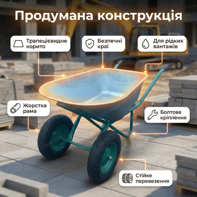 Тачка будівельна Dozer 110/200л корито для будмайданчика сипучих матеріалів до 340кг оцинковане 2 колеса - зображення 2
