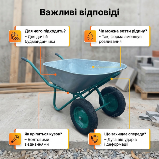 Тачка будівельна Dozer 110/200л корито для будмайданчика сипучих матеріалів до 340кг оцинковане 2 колеса - зображення 4