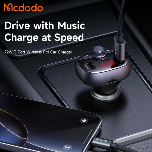 Автомобильный Bluetooth FM-трансмиттер McDodo CC-5950 72W USB-A + USB-C с дисплеем и быстрой зарядкой Black - Фото 4 Автомобильный Bluetooth FM-трансмиттер McDodo CC-5950 72W USB-A + USB-C с дисплеем и быстрой зарядкой Black - изображение 4