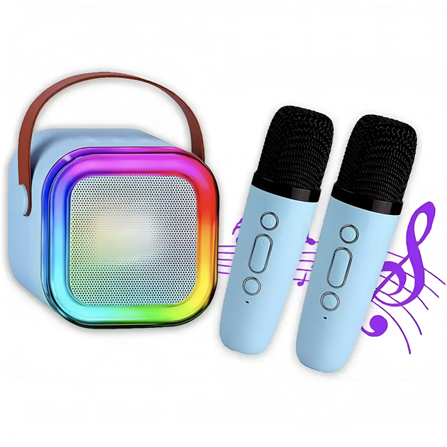 Караоке колонка K12 детская с 2 беспроводными микрофонами RGB подсветка Bluetooth подарок девочке голубая - изображение 2