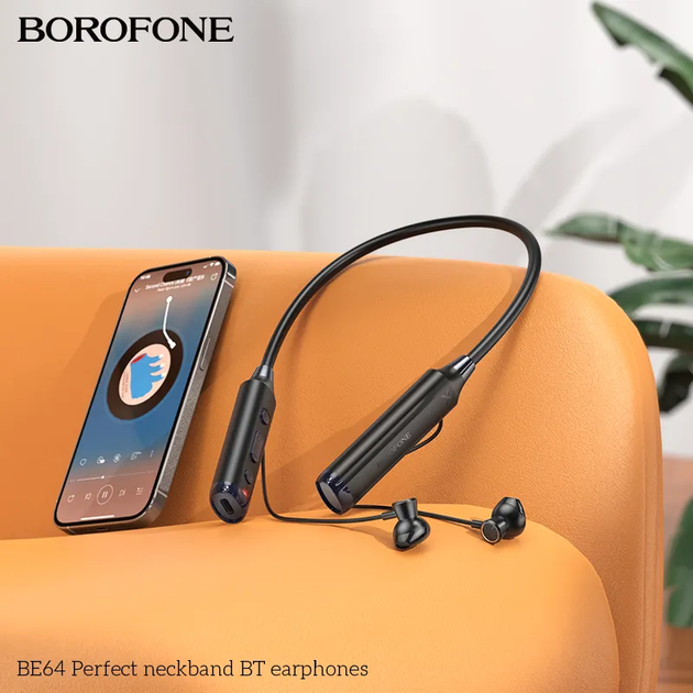 Бездротові спортивні навушники BOROFONE BE64 Perfect neckband BT5.3 earphones 800mAh Black (6941991103704) - зображення 4