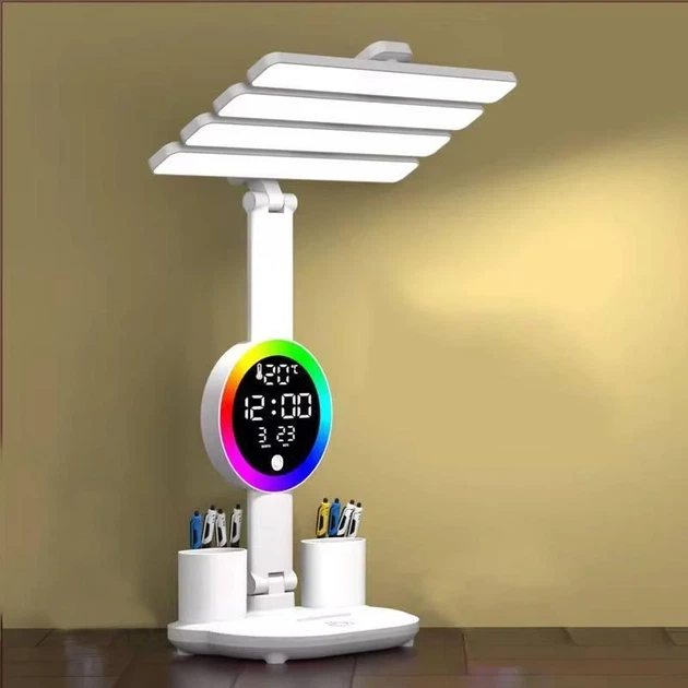 Настільна LED-лампа з вентилятором, годинником і термометром KRX-104 — 4 в 1 для навчання та роботи біла - зображення 2