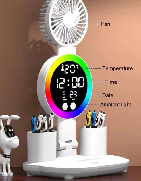 Настільна LED-лампа з вентилятором, годинником і термометром KRX-104 — 4 в 1 для навчання та роботи біла - зображення 3