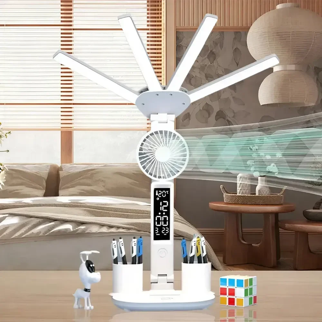 Настільна LED-лампа KRX-1011 з вентилятором, годинником та підставкою-органайзером — 4 в 1 для роботи та навчання - зображення 4