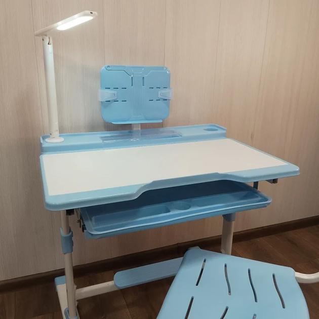 Дитяча парта зі стільцем регульована з лампою та підставкою для книг Синій - Фото 5 Дитяча парта зі стільцем регульована з лампою та підставкою для книг Синій - зображення 5