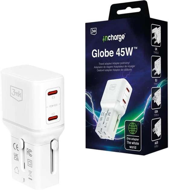 Ładowarka sieciowa 3MK incharge Globe 45W 2C PD QC4+ PPS SCP AFCUS/EU/AUS/UK White (5903108706322) - Zdjęcie 4 Ładowarka sieciowa 3MK incharge Globe 45W 2C PD QC4+ PPS SCP AFCUS/EU/AUS/UK White (5903108706322) - obraz 4