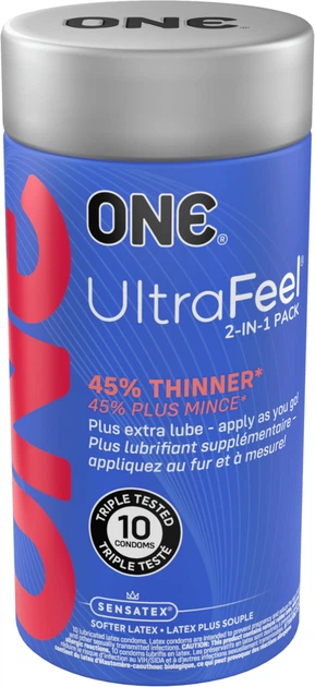Презервативи 2 в 1 ONE Ultrafeel 10 шт упаковка тонкий контрацептив + лубрикант - Фото 1 Презервативи 2 в 1 ONE Ultrafeel 10 шт упаковка тонкий контрацептив + лубрикант - зображення 1