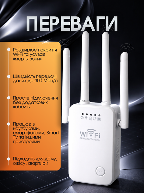 Wi-Fi ретранслятор репитер wi fi усилитель удлинитель интернет сигнала сети вай фай повторитель расширитель вайфай для роутера tp link беспроводного покрытия с LAN портом WPS точкой доступа с антеннами на 100 метров 300 Мбит/с для квартиры Hechpro ТБ2SIGN - изображение 2