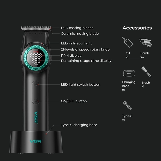 Тример VGR V-977 BLACK професійна машинка для стрижки, 8000 об/хв, LED дисплей, акумулятор 2500 мАг, до 260 хв роботи, 4 насадки - изображение 6