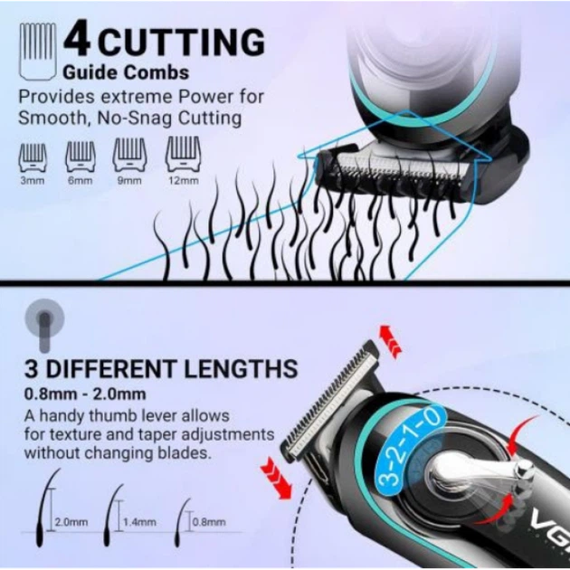 Тример VGR V-075 акумуляторний для бороді волосся тіла машинка з насадками LED дисплей Li-Ion 600 мА·рік USB бездротовий компактний для дому та подорожей - зображення 5