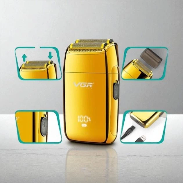 Електробритва сіткова VGR V-399 Gold подвійне лезо LED дисплей USB акумуляторна бритва для обличчя та голови IPX6 вологе та сухе гоління висувний тример титанові леза шейвер для чоловіків - изображение 2