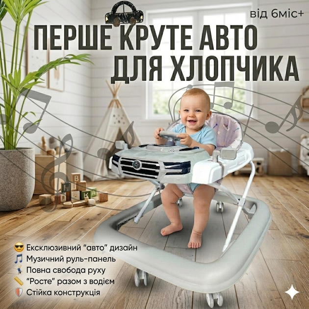 Детские ходунки машинка с игровой панелью музыкальные регулируемые по высоте серые - Фото 1 Детские ходунки машинка с игровой панелью музыкальные регулируемые по высоте серые - изображение 1