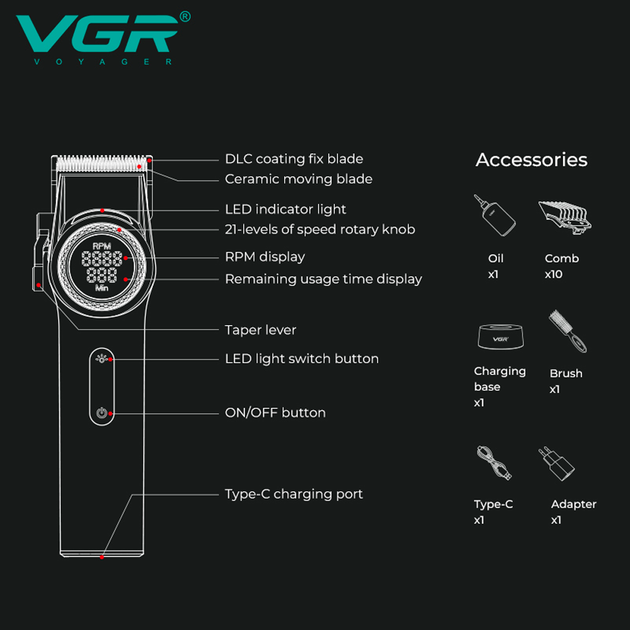 Машинка для стрижки VGR V-001 GGB (10 насадок) 4600 mAh LED дисплей Золотистый - изображение 3