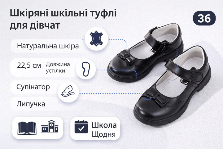 Кожаные школьные туфли для девушек, черные, размер 36 (стелька22,5 см) - Фото 3 Кожаные школьные туфли для девушек, черные, размер 36 (стелька22,5 см) - изображение 3