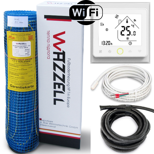 Комплект нагрівальний мат WAZZELL EASYHEAT 200 Вт + програмований з Wi-Fi термостат. Тепла підлога під плитку 15 м² / 3000 Вт - изображение 2