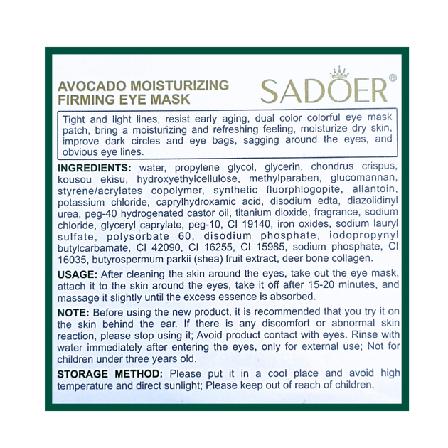 Патчі для шкіри навколо очей зволожувальні Sadoer Avocado Eye Mask, 60 шт - Фото 3 Патчі для шкіри навколо очей зволожувальні Sadoer Avocado Eye Mask, 60 шт - изображение 3