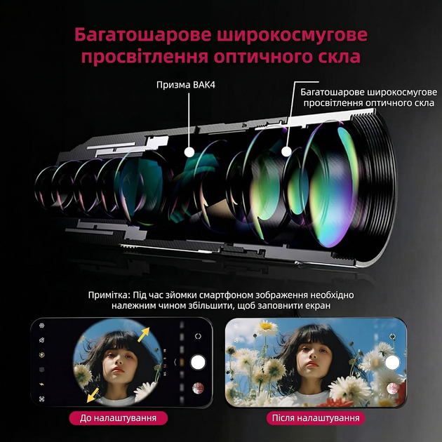 Об'єктив телескоп 4k 22x збільшення для телефону смартфона монокуляр тріпод штатив лінза телеоб'єктив kayfovo TA-8 - Фото 4 Об'єктив телескоп 4k 22x збільшення для телефону смартфона монокуляр тріпод штатив лінза телеоб'єктив kayfovo TA-8 - зображення 4