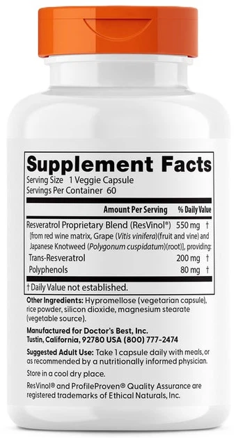 Ресвератрол Doctor's Best Trans-Resveratrol з ресвінолом 200 мг 60 капсул (753950002111) - зображення 2