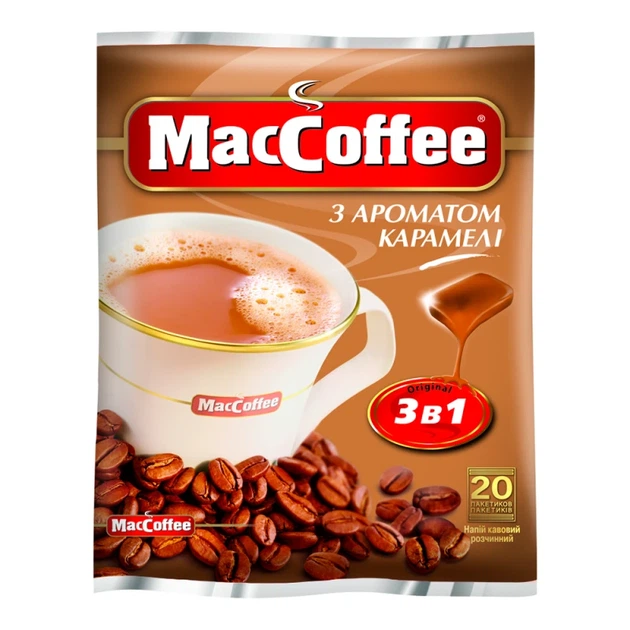 Кавовий напій 3в1 MacCoffee з ароматом карамелі 18 г х 20 шт - Фото 1 Кавовий напій 3в1 MacCoffee з ароматом карамелі 18 г х 20 шт - зображення 1