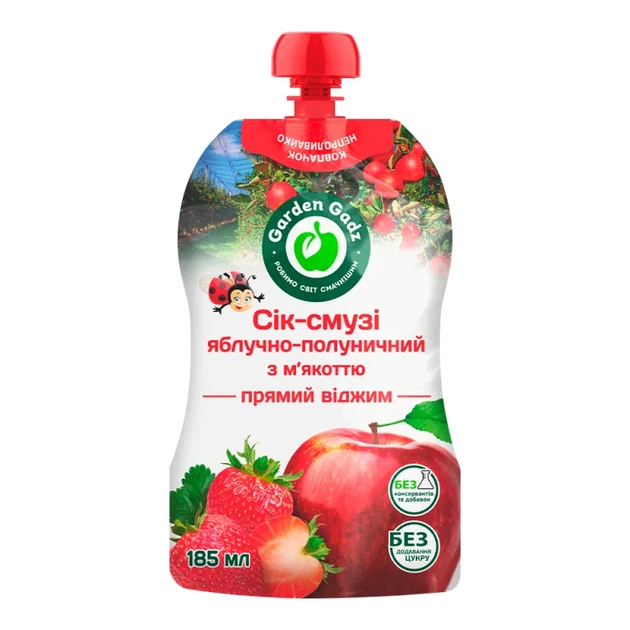 Сік-смузі Garden Gadz Яблучно-полуничний з м'якоттю 185 мл - Фото 1 Сік-смузі Garden Gadz Яблучно-полуничний з м'якоттю 185 мл - изображение 1