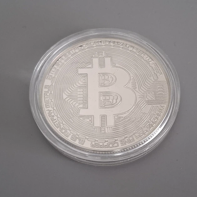 Сувенирная серебристая монета Биткоин (Bitcoin, BTC) на подарок в капсуле - изображение 3