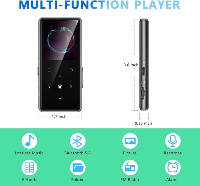 MP3 плеєр AiMoonsa 64GB з Bluetooth 5.2, HiFi звуком, динаміком, FM-радіо та диктофоном - изображение 3