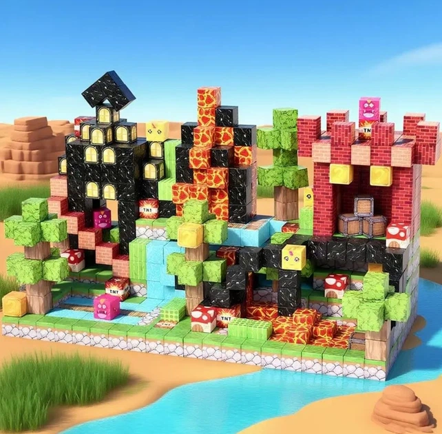Магнітний конструктор Minecraft Будинок в саду з чорною башнею 100 кубиків, набір блоків майнкрафт для дітей STEM розвиток - зображення 4