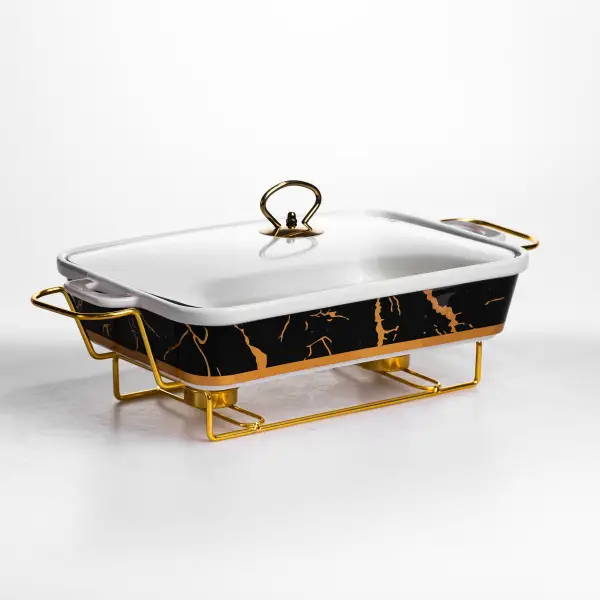 Мармит мармитница фарфоровая Black Marble 2 л 40х22.5х15.5 см • на подставке с подогревом для вторых блюд шведского стола HoReCa • поддерживает температуру блюд Yiwu - Фото 4 Мармит мармитница фарфоровая Black Marble 2 л 40х22.5х15.5 см • на подставке с подогревом для вторых блюд шведского стола HoReCa • поддерживает температуру блюд Yiwu - изображение 4