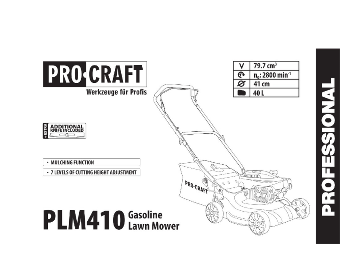 Бензинова газонокосарка Procraft, 1600 Вт, об’єм двигуна 79,7 см³, 41 см, об’єм травозбірника 40 л, 7 рівнів висоти 25-70 мм - зображення 3