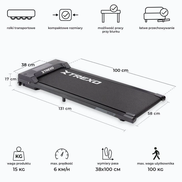 Бігова доріжка електрична XTREXO Walking Pad W100, ультратонка доріжка для дому, навантаження до 100 кг - зображення 2